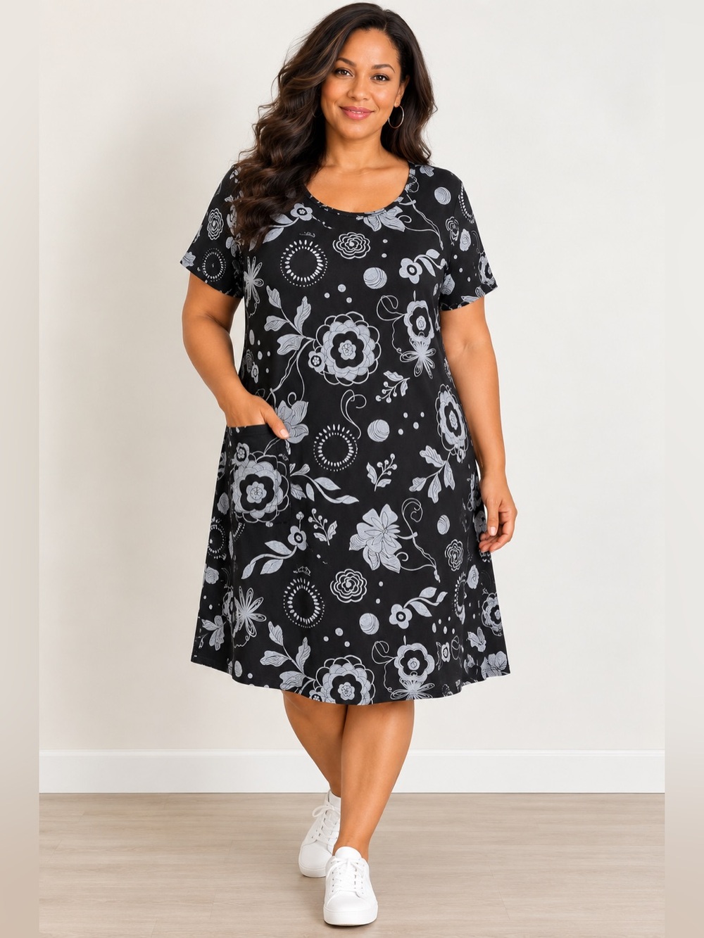 Fresh Produce XL Black Gray Floral Print Pocket T-Shirt Dress Casual Midi Shift